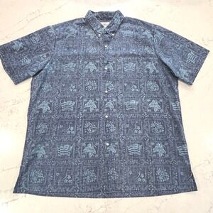 Reyn Spooner‎ VTG Hawaiian Shirt USA 3XL Blue Cotton Poly Reverse Print Floral